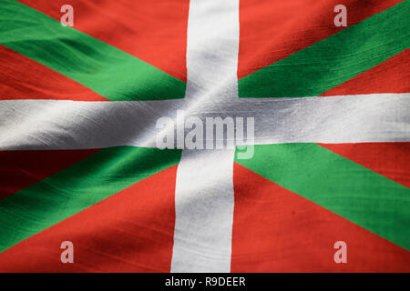 Closeup of Ruffled Basque Country Flag, Basque Country Flag Blowing in Wind Stock Photo