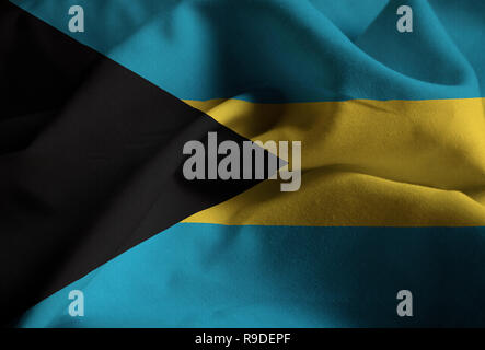 Closeup of Ruffled Bahamas Flag, Bahamas Flag Blowing in Wind Stock Photo