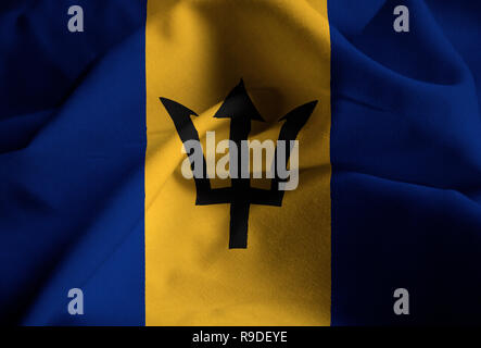Closeup of Ruffled Barbados Flag, Barbados Flag Blowing in Wind Stock Photo