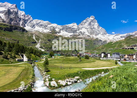 Summer panorama of Breuil-Cervinia an alpine resort town at the foot of the Matterhorn (Cervino), Aosta Valley, northern Italy Stock Photo