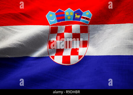 Closeup of Ruffled Croatia Flag, Croatia Flag Blowing in Wind Stock Photo