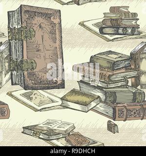 Seamless pattern with hand drawing sketch vintage books for concept design fair or festival flyer, paper, banner, school library, retro poster, bookshop advertising in engraving style Stock Vector