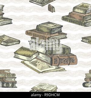 Seamless pattern with hand drawing sketch vintage books for concept design fair or festival flyer, paper, banner, school library, retro poster, bookshop advertising in engraving style Stock Vector