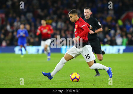 Cardiff, UK. 22nd Dec, 2018. Andreas Pereira of Manchester United during the Premier League match between Cardiff City and Manchester United at the Cardiff City Stadium, Cardiff, Wales on 22 December 2018. Photo by Dave Peters. Editorial use only, license required for commercial use. No use in betting, games or a single club/league/player publications. Credit: UK Sports Pics Ltd/Alamy Live News Stock Photo