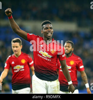 Cardiff, UK. 22nd Dec, 2018. Paul Pogba of Manchester United celebrates United's fifth goal during the Premier League match between Cardiff City and Manchester United at the Cardiff City Stadium, Cardiff, Wales on 22 December 2018. Photo by Dave Peters. Editorial use only, license required for commercial use. No use in betting, games or a single club/league/player publications. Credit: UK Sports Pics Ltd/Alamy Live News Stock Photo