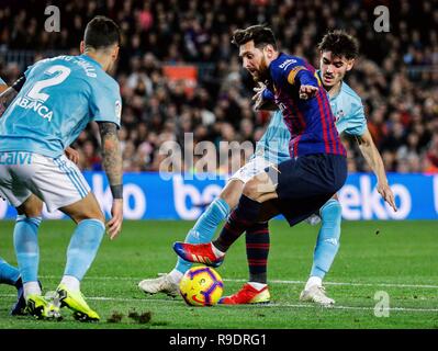 Barcelona, Spain. 22nd Dec, 2018. FC Barcelona's Lionel Messi (C) competes during a Spanish league match between FC Barcelona and Celta de Vigo in Barcelona, Spain, on Dec. 22, 2018. FC Barcelona won 2-0. Credit: Joan Gosa/Xinhua/Alamy Live News Stock Photo