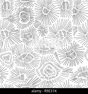 Abstract black and white seamless pattern. Dark hatching texture. Radiating hand drawn lines, stitches, sunburst, chaotic scratches pattern. Bright irregular engraving lines. Textile, wallpaper, background fill Stock Vector