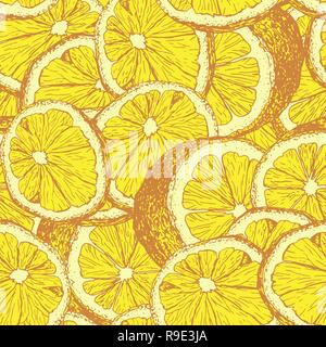 Yellow lemons hand drawn seamless pattern. Sliced citrus color outline drawing. Lemon slices and cuts sketch. Realistic citrus fruit texture. Wrapping paper, textile, wallpaper, background vector fill Stock Vector