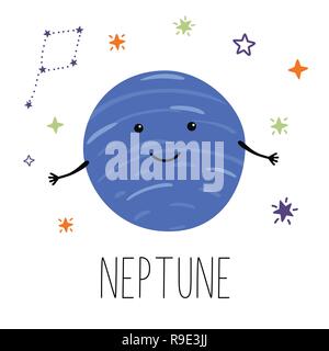 Neptune planet. Planet with hands and eyes. Vector illustration for children on white isolated background. Cute print for baby products. Stock Vector