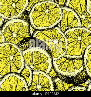 Fresh lemons hand drawn seamless vector pattern. Sliced citrus ink pen outline drawing. Fruit slices and cuts sketch. Realistic lemon color texture. Engraving style wrapping paper, textile, background Stock Vector