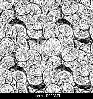 Fresh lemons hand drawn seamless vector pattern. Sliced citrus ink pen outline drawing. Fruit slices and cuts sketch. Realistic lemon color texture. Engraving style wrapping paper, textile, background Stock Vector