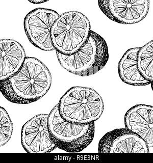 Fresh lemons hand drawn seamless vector pattern. Sliced citrus ink pen outline drawing. Fruit slices and cuts sketch. Realistic lemon color texture. Engraving style wrapping paper, textile, background Stock Vector