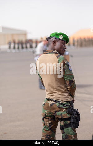Niamey, Niger, 11 April 2018: A soldier from Niger stands guard at an airbase during the opening ceremony of Flintlock 2018 counter-terrorism training