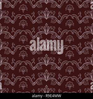 Damask Vector Seamless Pattern. Vintage Style Wallpaper, Carpet or Wrapping Paper Design. Red and Gold Italian Medieval Floral Flourishes, Greek Flowers for Textures. Baroque Leaves Stock Vector