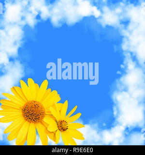 Blue background with a frame from white clouds and flowers Stock Photo