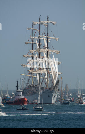 A flotilla of boats in Falmouth for the departure of the Tall Ships, on their way to Greenwich. Stock Photo