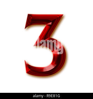 Number 3 from stylish faceted ruby alphabet, shiny gemstone letters, numbers and punctuation marks Stock Photo