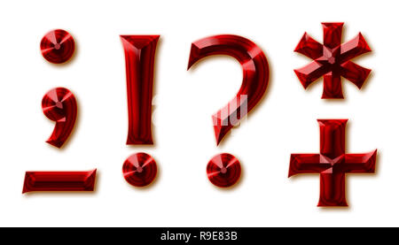 Punctuation marks from stylish faceted ruby alphabet, shiny gemstone letters, numbers and special signs Stock Photo