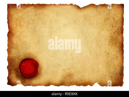 Old parchment with wax seal. Isolated over white Stock Photo