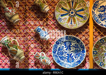 Touristic souvenir shop colorful dotted Budapest hand made porcelain plates, Budapest, Hungary Stock Photo