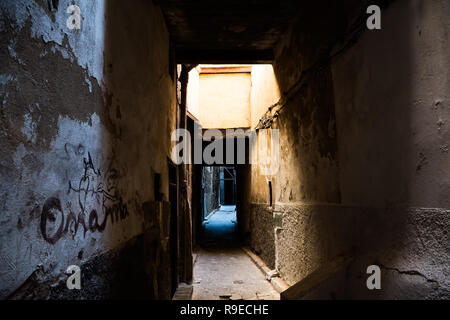 Old narrow street of the largest medina in the worlds, Unesco, Fez, Morocco Stock Photo