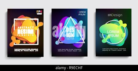 Set of liquid gradient color abstract geometric shapes on black background.Modern banner with fluid design.Circle,triangle,square frames with wavy bright splashes.Template for web,print,covers,design. Stock Vector