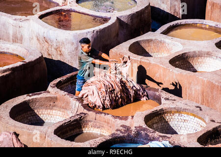 Fez - Morocco - September 29, 2018: Men working in the leather tanneries in Fez, Morocco Stock Photo