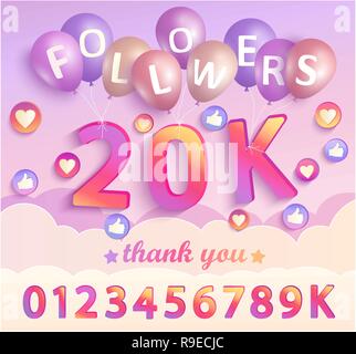 Set of numbers for Thank you followers design.Thanks followers congratulation card. Vector illustration for Social Networks. Web user or blogger celebrates and tweets a large number of subscribers. Stock Vector