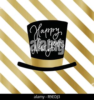 Happy New Year greeting card, invitation. Party hat with hand lettered text over white and golden stripes. Celebration concept. Modern vector illustration background. Stock Vector