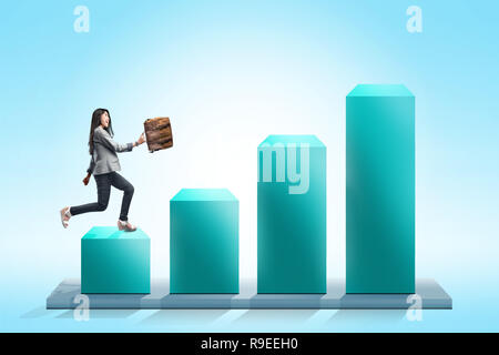 Attractive asian businesswoman with briefcase walking on the 3D chart. Successful business concept Stock Photo