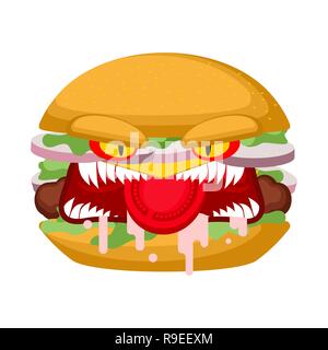 Angry burger. grumpy evil hamburger. Dangerous mad fast food. crazy fastfood with teeth.    Stock Vector