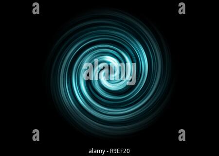 Glowing spiral tunnel with teal smoke on black background Stock Photo