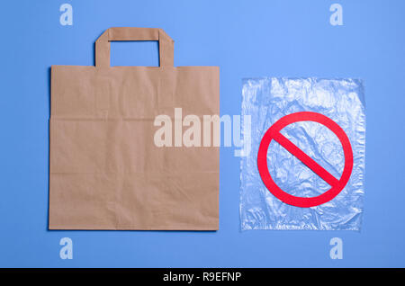 Say No to Plastic Bags, Recycle Concept, Eco Friendly Paper Bag and Plastic Packet, Plastic Problem Concept Stock Photo
