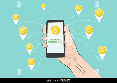 Sending money with a smartphone. Vector illustration. Sending money, conceptual banner. Stock Vector