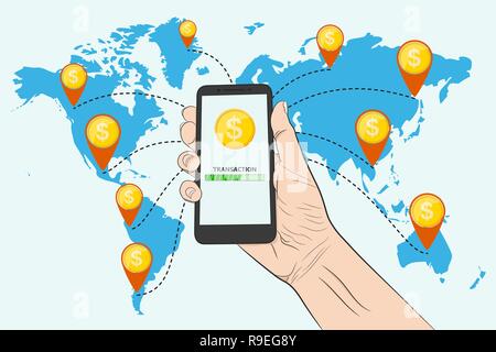 Sending money with a smartphone. Vector illustration. Sending money, conceptual banner. Stock Vector