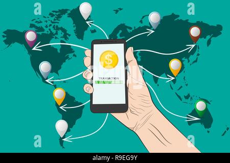 Sending money with a smartphone. Vector illustration. Sending money, conceptual banner. Stock Vector