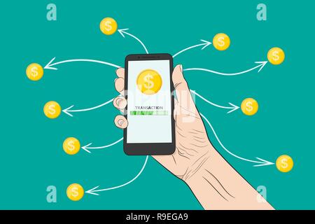 Sending money with a smartphone. Vector illustration. Sending money, conceptual banner. Stock Vector