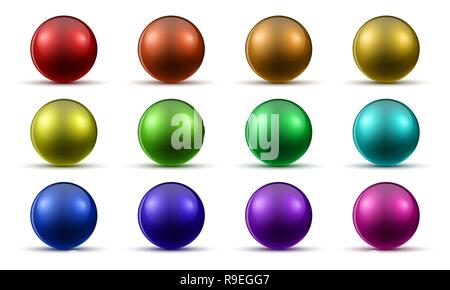 Set of colored realistic balls with shadow. Vector illustration. Glossy bright balls isolated Stock Vector