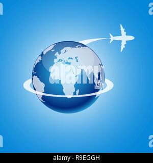 Concept of the air travel. Vector illustration. Airplane flying around the globe. Stock Vector