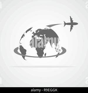 Concept of the air travel. Vector illustration. Airplane flying around the globe. Stock Vector