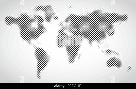 Black halftone dotted world map. Vector illustration. Dotted map in flat design, isolated. Stock Vector