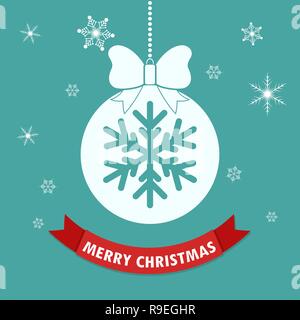 Christmas greeting card with abstract Christmas ball. Vector illustration. Hanging Christmas ball with snowflakes and red ribbon Stock Vector