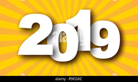 2019 Happy New Year. Vector illustration. Holiday greeting card with white numbers on yellow rays background. Stock Vector