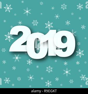 2019 Happy New Year. Vector illustration. Holiday greeting card with numbers and snowflakes. Stock Vector