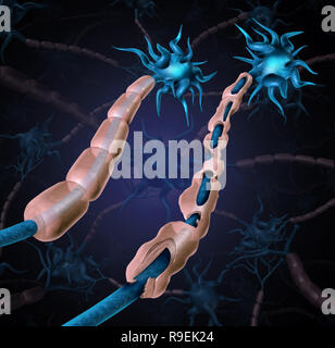 Multiple sclerosis damaged myelin or MS autoimmune disease with healthy nerve with exposed fibre with scarrred cell sheath loss as a 3D illustration. Stock Photo