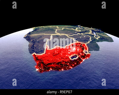 South Africa from space on planet Earth at night with bright city lights. Detailed plastic planet surface with real mountains. 3D illustration. Elemen Stock Photo