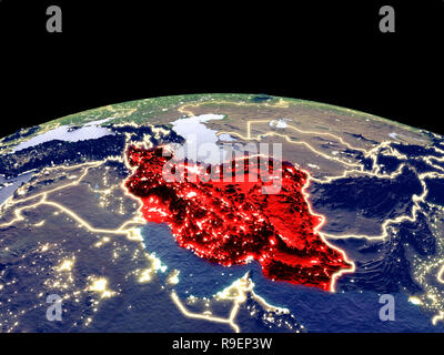 Iran from space on planet Earth at night with bright city lights. Detailed plastic planet surface with real mountains. 3D illustration. Elements of th Stock Photo