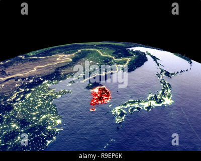 South Korea from space on planet Earth at night with visible country ...