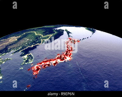 Japan from space on planet Earth at night with visible country