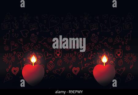 Valentines Day. Two burning candles in the shape of a heart. Against the background of wallpaper with doodle-pictures on the theme of love Stock Vector
